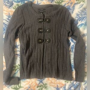 Tahari Charcoal Ribbed Cardigan with Buckle Details
